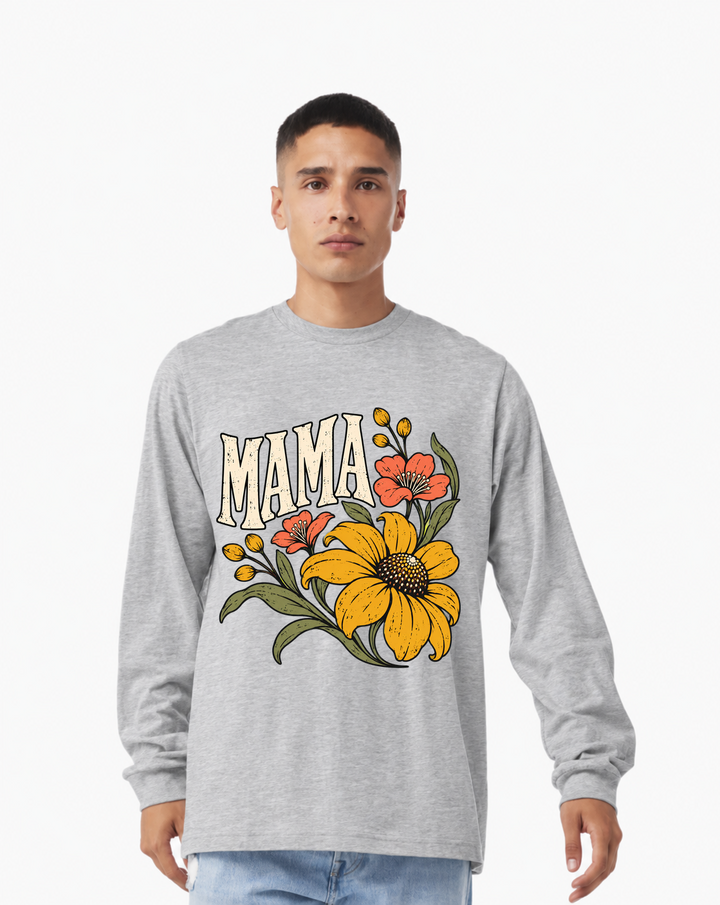 Mama with Yellow and Coral Flowers – Bella Canvas 3501 Long Sleeve Tee