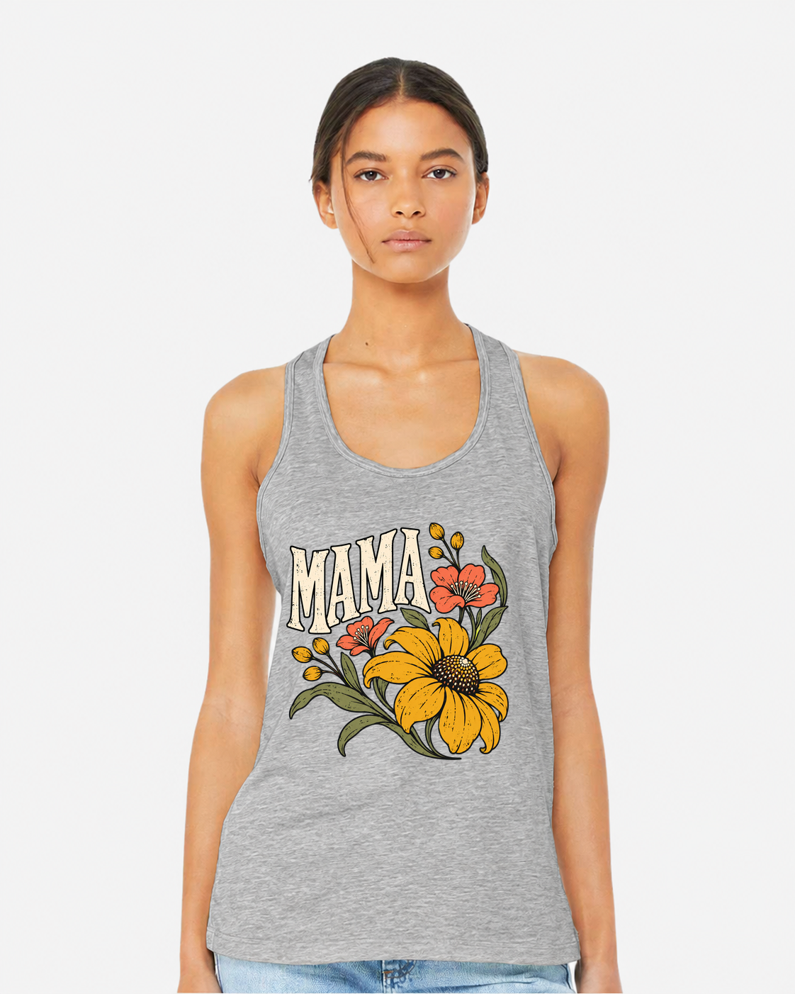 Mama with Yellow and Coral Flowers – Bella Canvas 6008 Racerback Tank